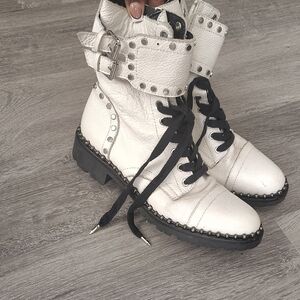 Studded White Leather Ankle Boots